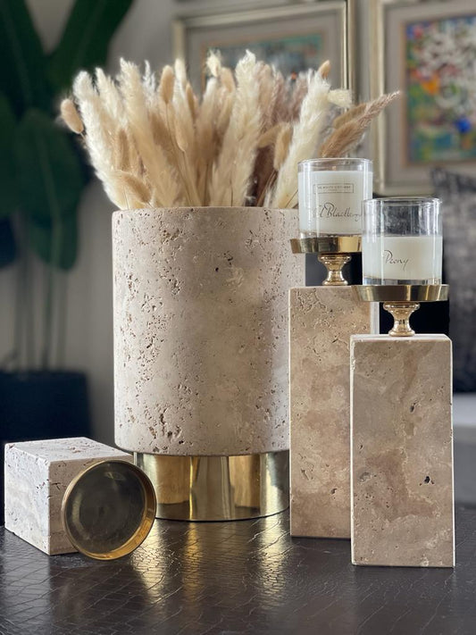 Travertine Set of Two Pillar Candlestands